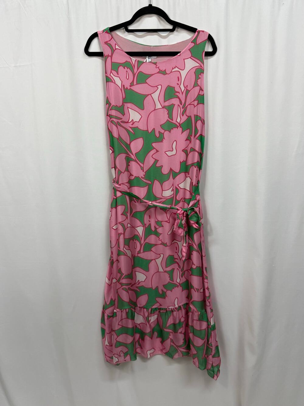 Le Ragazze Sleeveless Floral Pink Green Italian Silk Blend Maxi Dress Size L NWT